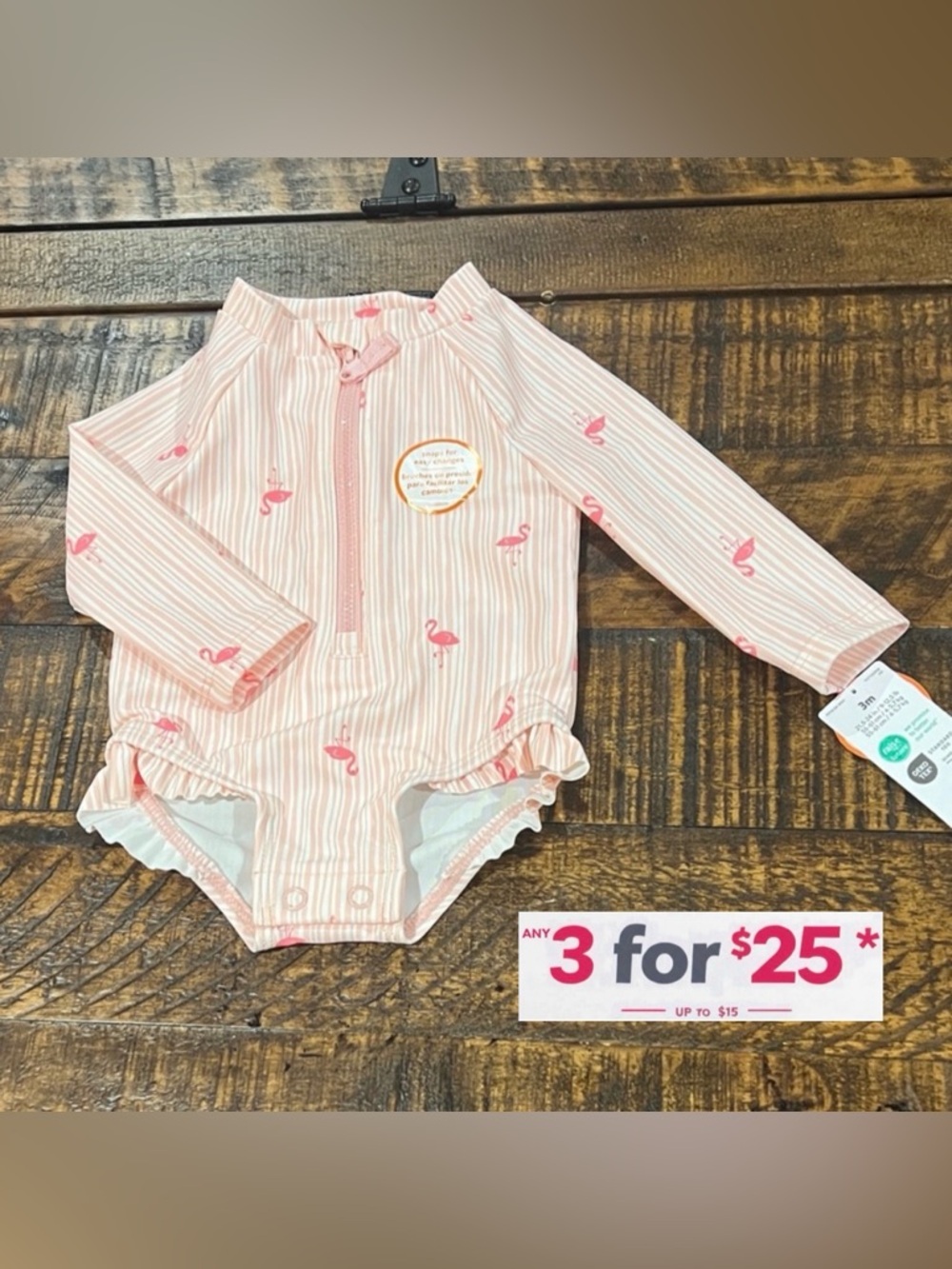 Carters Swim Pink Striped Kids rash guard with Flamingo Print